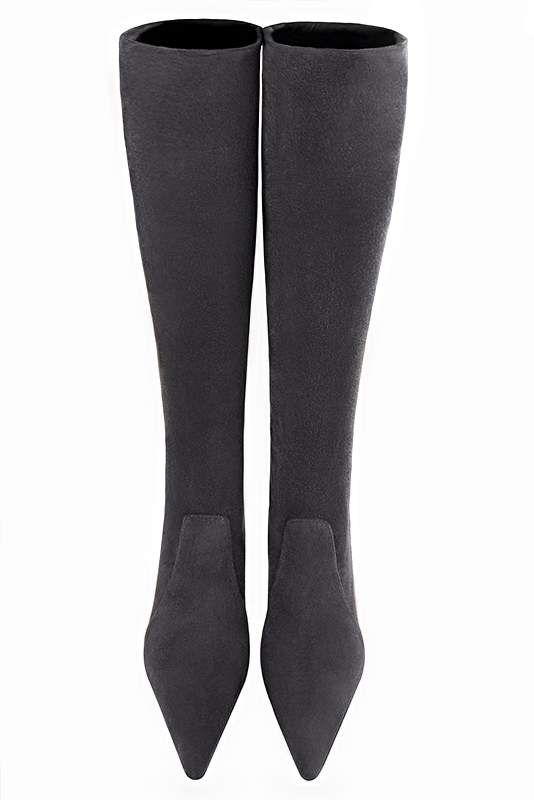 Dark grey women's feminine knee-high boots. Pointed toe. Very high spool heels. Made to measure. Top view - Florence KOOIJMAN